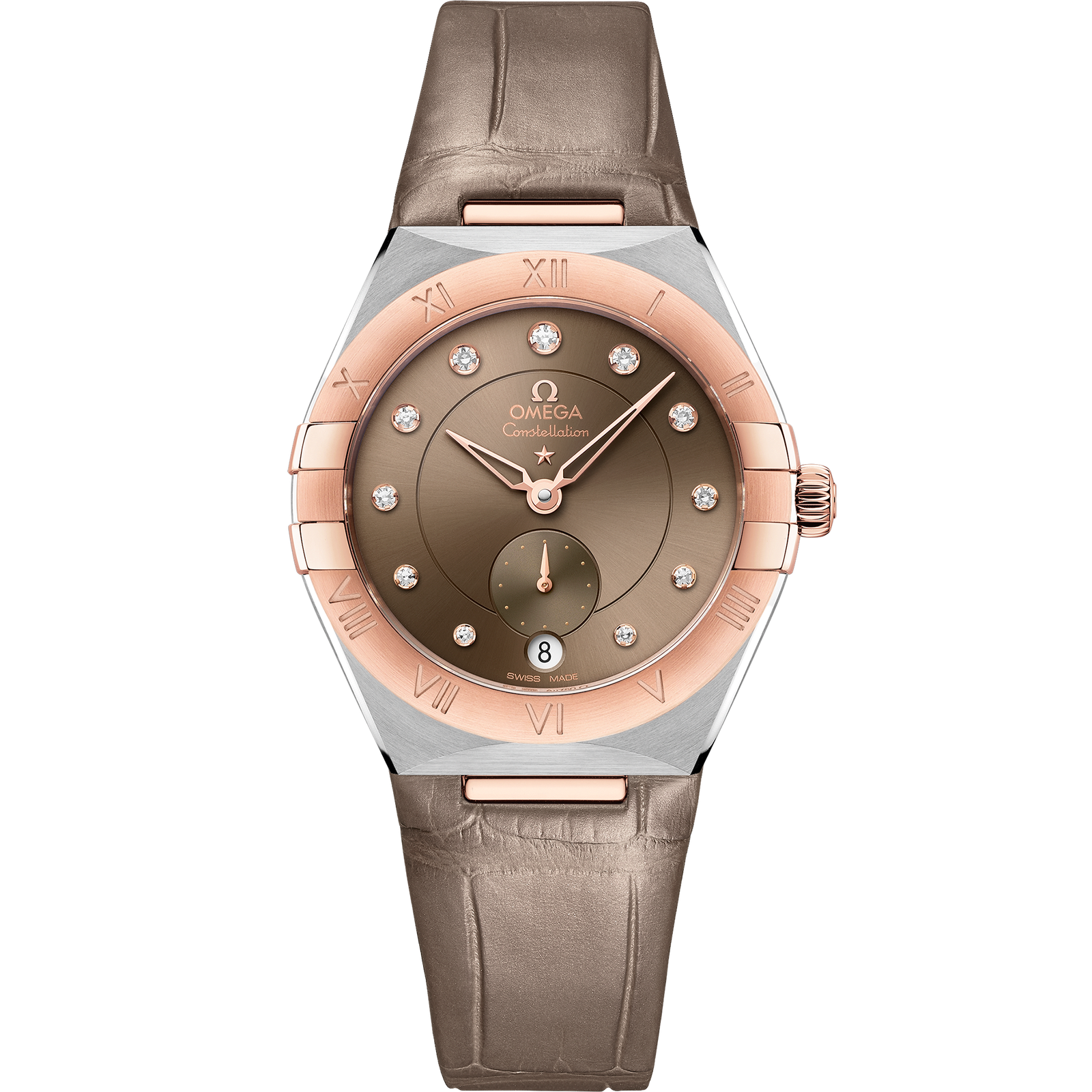 Omega CONSTELLATION 34 mm, steel ‑ Sedna™ gold on leather strap 131.23.34.20.63.001
