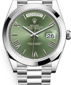 Rolex Day-Date 40 950 PlatinumWatch - Smooth Bezel - Olive Green Bevelled Roman Dial - President Bracelet (Ref # 228206)