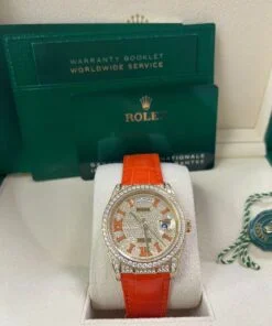 Alternative view of Rolex Day-Date 36 Orange Alligator Strap Pave Dial 128158rbr