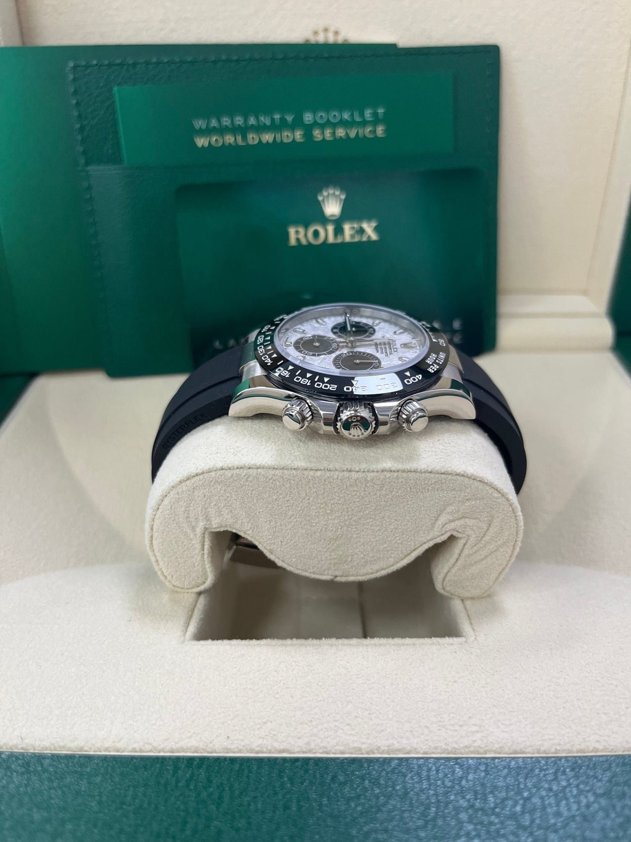 Rolex Daytona White Gold Daytona 40 Watch - Meteroite and Black Index Dial - Black Oysterflex 116519LN - Image 4
