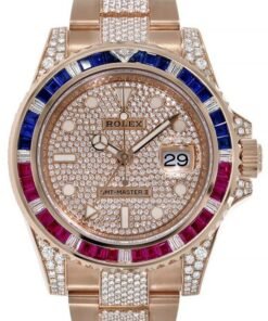 Rolex GMT-Master II Everose Gold/ Full Diamond Paved Dial/ Bracelet Sapphire & Ruby (Ref# 126755SARU)